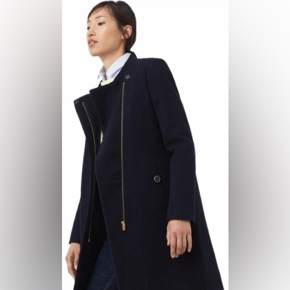 Mango Navy Blue Wool-Blend Funnel Neck Asymmetric Coat
